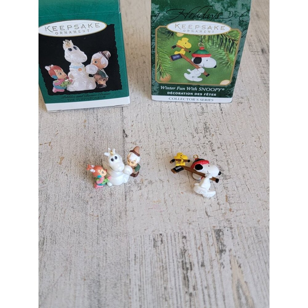 Hallmark Flintstone Pebble Bam Bam famous Snoopy miniature ornament Xmas‎ set